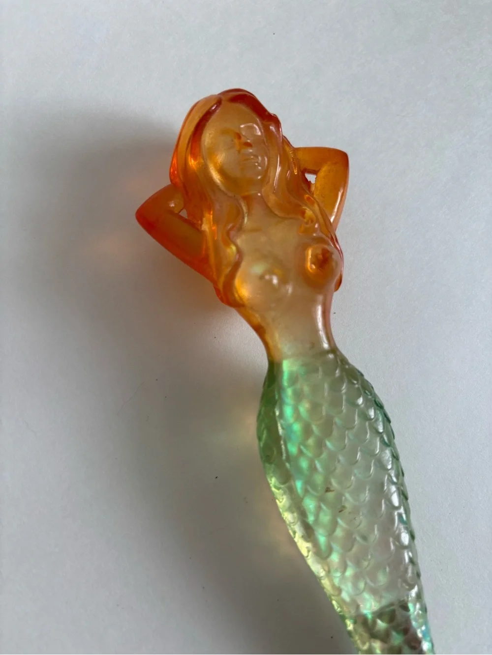 Curvy Mermaid Vintage Bottle Opener Green Orange Iridescent Lucite